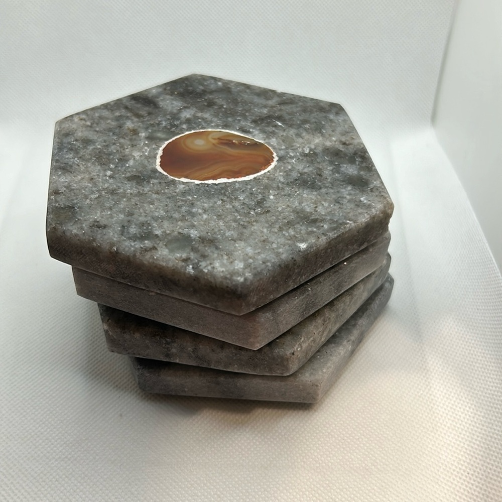 Gray Marble Stone Coaster with agate inlay, hexagon Used in good condition 4 pc